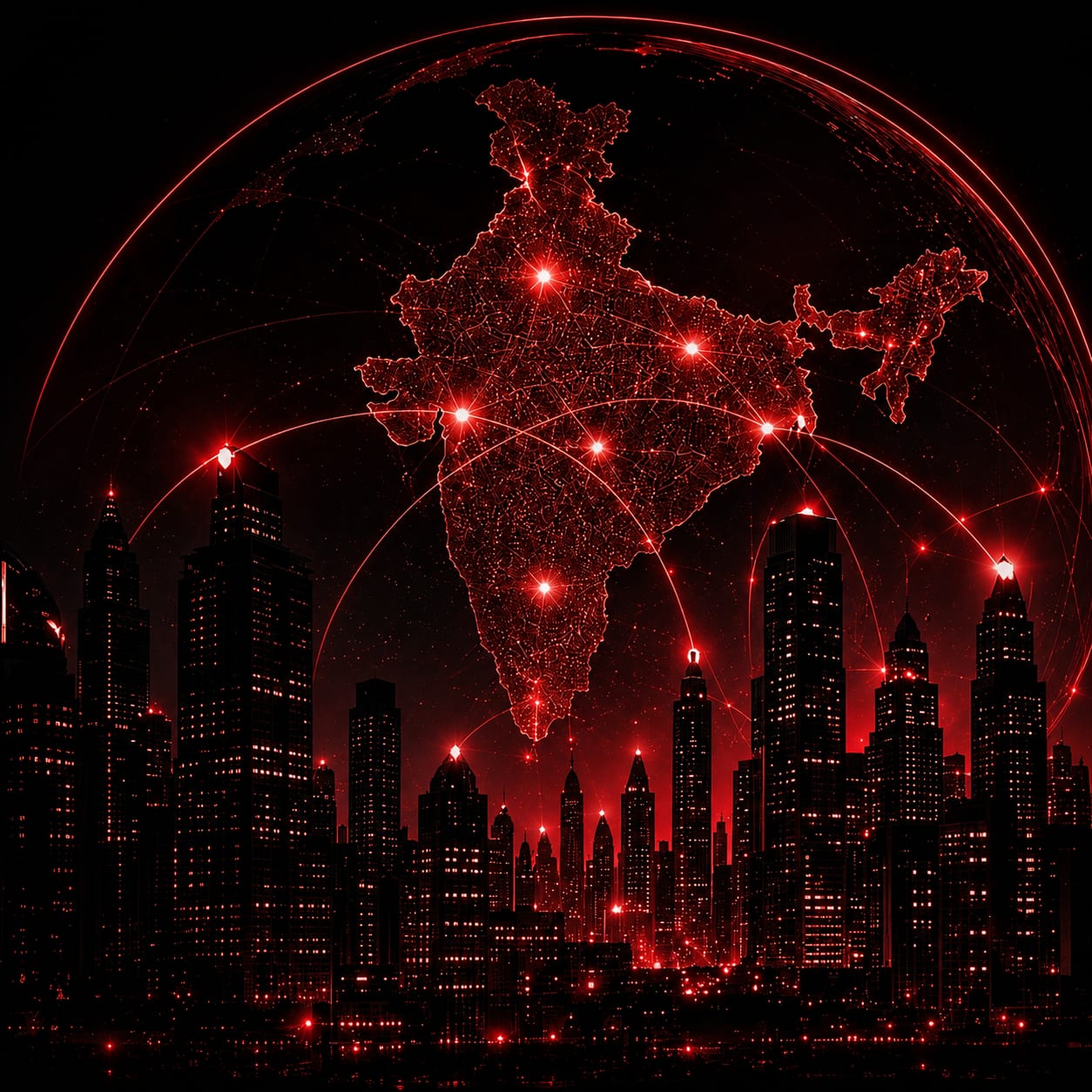Illuminated map of India connected by a network of light over a city skyline